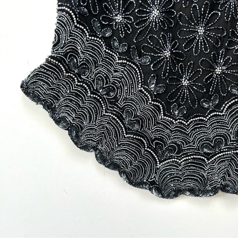 Papéll Boutique Black Silk Daisy Floral Intricate Beaded Short Sleeve Party Top - Picture 3 of 6